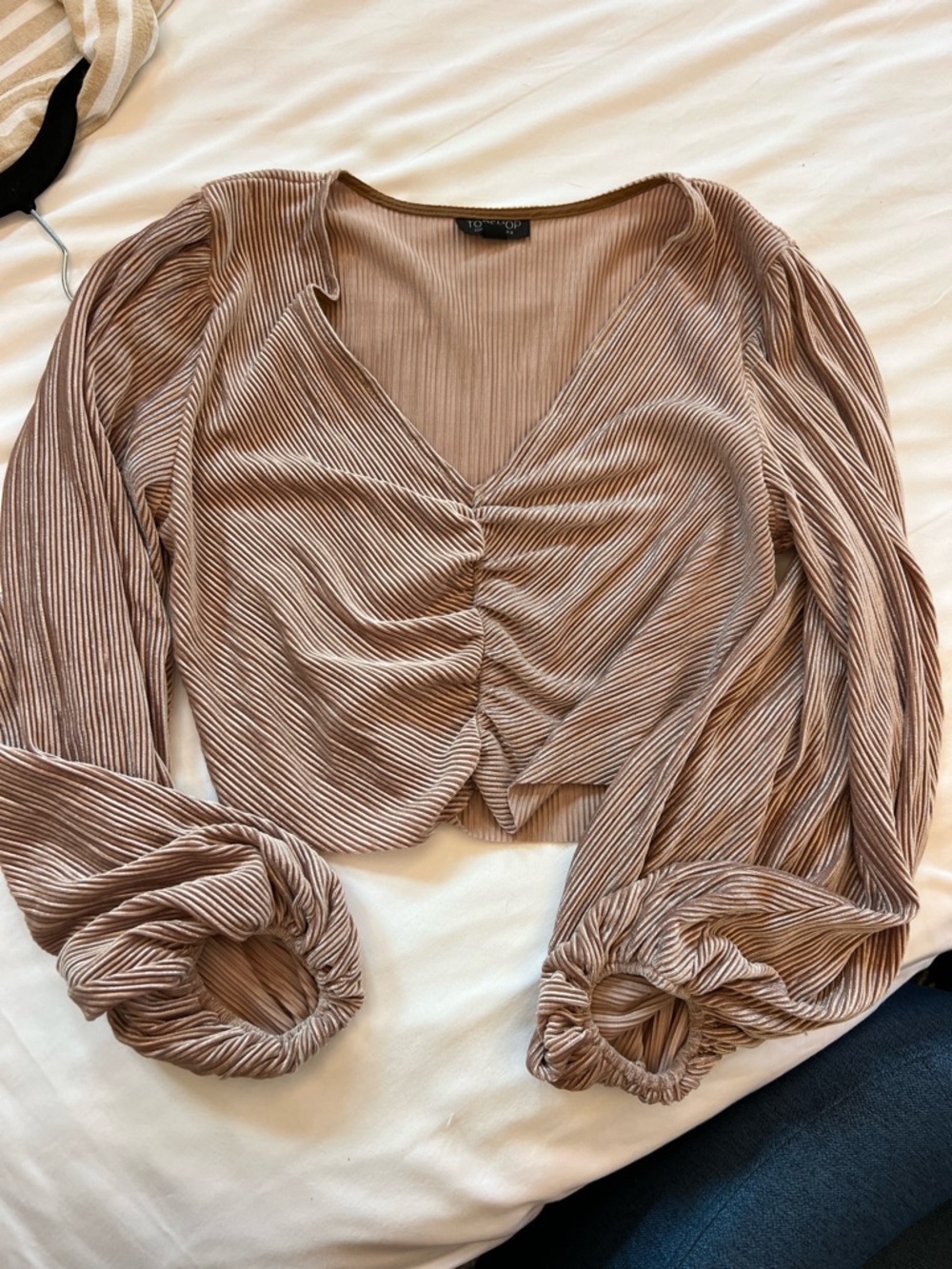 Topshop Taupe Ruched V-Neck Cropped Long Sleeve Top